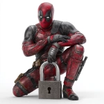 **Ultra realistic 8K artwork of Deadpool crouching in a dynamic pose on a clean white background. He is holding a large metallic padlock with both hands, the padlock highly detailed with shiny steel texture. Deadpool’s red and black suit is vibrant with realistic fabric and battle-worn details. The lighting is bright and even, creating strong contrast between Deadpool, the padlock, and the pure white backdrop. Cinematic composition, sharp focus, and high detail.** - Image #2 <@1344851378702389258>