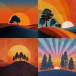 **stylized landscape graphic of a sunset with some trees silhouetted against the fading rays** - <@1171826476224614466> (fast)
