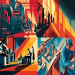 **1940s poster artwork bold flat lines shadows striking colors people building a productivity machine for the future --ar 3:2 --v 7.0** - <@812550296944377857> (fast)