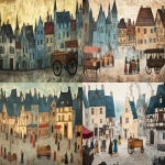 **Medieval illuminated manuscript scene depicting [foggy medieval town square with distant silhouettes of houses and a market stall; wooden cart parked], flat perspective, rich saturated colors, delicate black outlines, 14th century European manuscript style, parchment texture, simplified stylized figures with pale complexions and rosy cheeks, architectural background with blue-gray walls, minimal shading, historical accuracy, --ar 16:9 --v 6.1 --raw** - <@1168965155363762248> (fast)