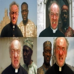 **<https://s.mj.run/cwTvEep8bpY> wearing a catholic priest wardrobe with a crazy facial expression, standing beside a Nigerian man who is wearing traditional Nigerian wardrobe, old church in the background, realistic, photorealistic, --ar 16:9 --v 7.0 --s 50** - <@990985509620842596> (fast)