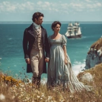 **photograph type picture of a gorgeously handsome man with dark hair and blue eyes dressed in Regency era clothing. He is standing on a cliff top with a beautiful woman also wearing Regency era clothing - empire line dress with high waist. They are holding hands and watching a sailing ship of the type like HMS Victory. It is sunny. They are happy --v 7.0** - Upscaled by <@1160482508425658468> (fast)