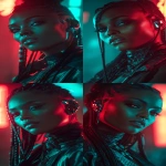 **realistic cyberpunk black female, at night, with neon lights in the background, red and turquoise. Strong light from above, on the face. High contrast. The female is looking towards the camera 3/4 view, she has braids, glowing eye cyber gear and an ear piece --ar 9:16** - Variations (Strong) by <@1174469651695144981> (fast)