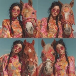 **Ultra realistic high resolution full length photo of a young pretty Asian girl happily wearing bright chinese new year shirt with modern fashion sunglasses, posing happily next to a bright color horse, the background is minimal, hyperrealistic scene. --s 250** - Variations (Strong) by <@1128173036579856408> (fast)