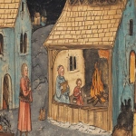**Medieval illuminated manuscript scene depicting family inside a simple wooden home wearing winter rags; a child huddled by a smoky fire pit], flat perspective, rich saturated colors, delicate black outlines, 14th century European manuscript style, parchment texture, simplified stylized figures with pale complexions and rosy cheeks, architectural background with blue-gray walls, minimal shading, historical accuracy, --ar 16:9 --v 6.1 --raw** - Image #4 <@1168965155363762248>