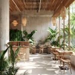 **A minimalist tropical restaurant design, seamless indoor-outdoor flow, white concrete walls, warm wood slats, lush indoor plants, rattan furniture, soft natural sunlight, serene atmosphere, architectural visualization --ar 3:2 --v 6.0** - Image #1 <@1296729788215595112>