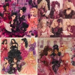 **1980s style hand-drawn richly watercolor gothic-Romance-aesthetic anime stills. Fashionable magical emotional barbie dolls, some of different ethnicities, wearing plastic, lace, tulle red, black, purple and peach opulent lacy gowns. They write flaming- glowing letters in a pastel floral-printed plastic Victorian-gothic mansion. wilting flowers, sparkling smoke.** - <@840730232632639528> (fast)