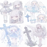 **Flat Paint Style, Girl, Cute Anime Style, Angel, Feather Wings, Long Hair, Puffy Skirt, Lace Ruffles, Pearl Decoration, Cross, Thorns, White Pearl Shoes, Various Postures, Various Expressions, Anime Illustrations, Standing, --p wdsns8v rsxjf9z v9yr63l --niji 6 --ar 3:4 --relax --raw** - <@1384018012746809385> (relaxed)