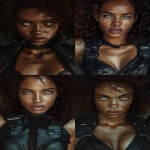 **Mische, striking African American woman with warm brown skin dusted with freckles, glowing sharp eyes full of mischief, voluminous curly dark hair framing her face and shoulders, angular cheekbones, natural full lips, confident mischievous expression. Wearing fitted black leather combat gear with subtle gothic detailing. Cinematic fantasy portrait, hyper-realistic, ultra-crisp detail, chiaroscuro dramatic lighting, epic atmosphere, powerful and magnetic presence. --ar 2:3 --v 6.0 --no porcelain-skin doll-like glamour smooth-airbrushed features cosplay unrealistic-textures watermark --raw** - <@1244098075421708410> (fast)