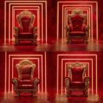 **an high definition opulent and rich looking red and metallic gold king's throne outlined in gold trim with dynamic gold glow illuminating from behind the throne. With golden neon squares cascading backwards in succession against a red background.** - Variations (Strong) by <@817880507983069194> (fast)