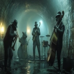 **Rats in suits and fedoras playing Jazz on vintage instruments in a dimly lit sewer, surrounded by mist and flickering lanterns; in the style with bold geometric shapes and expressive lines, blended with the cinematic noir and the moody atmospheric lighting, in stunning 32k resolution. Harlem Renaissance. --ar 16:9 --v 6.1 --p ullrsjz** - Image #4 <@935178814189862912>