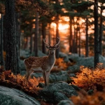 **an award-winning photograph of an autumn forest in the northeast golden hour lighting, sun shining through the forest canopy, a lone deer looking straight towards the perspective of the photographer --s 750** - Image #4 <@1337031420089995355>