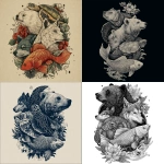 **in a tattoo style create a design with the following animals, sea turtle, bear, wolf cub and a koi fish** - <@1266840274991190037> (fast)
-# Create, explore, and organize on [midjourney.com](<https://midjourney.com/imagine?from_discord=1>)