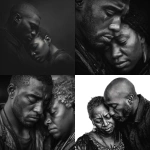 **a black and white image of a black man consoling a black woman in grief. The image has a message of hope and support.** - <@817880507983069194> (fast)