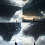 **A massive spacecraft hovers in the sky, its surface adorned with black metal and intricate designs. A man dressed in dark stands beneath it, gazing up in awe. The background is filled with clouds, creating an epic sci-fi atmosphere. This scene was captured using a Sony camera, showcasing high-definition details. The high-resolution image is brimming with a futuristic feel. --ar 105:128** - <@264129597782753313> (fast)