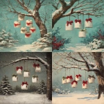 **5 toilet paper rolls hanging from a tree, with snow in the background and red and green bows on them, in the style of a vintage-style painting. --ar 67:89** - <@755829658108297216> (fast)