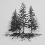 **3 pine trees standing side by side, exposed roots, pencil sketch, realistic** - Image #3 <@1202707032818458747>