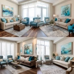 **interior design of a model unit showing the living area in french country style. walnut wood floor. light brown 3-seater sofa. teal, light blue and beige throw pillows. french provincial lounge chairs. sheer white curtains. artwork with teal still life painting, modern gray area rug** - <@1231814052913877045> (fast)
-# Create, explore, and organize on [midjourney.com](<https://midjourney.com/imagine?from_discord=1>)
