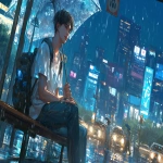 **Very realistic picture. Bus stop in the city of Seoul. Rainy day. A man waits for a bus. Jeans and white shirt. Good impression. Black hair. Korean boy group appearance. --ar 16:9 --s 750 --niji 6** - Image #3 <@1104380982439723098>
