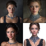 **an amazing necklace of diamonds and sapphires worn by a beautiful young woman with large blue eyes and a slight smile playing on her lips. Full body view Ultra realistic, highly detailed and photographic image. HD** - <@1327691479602298971> (fast, stealth)