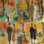 **a vintage illustration of an african american couple in elegant coats, walking hand-in-hand through the park on a crisp autumn day with colorful leaves and trees. the man is wearing his hat while holding her hand. they both have smiling expressions as they walk along a path lined by fallen maple leaves. in front of them sit two people enjoying their time in the public garden. --ar 64:35 --v 7.0** - <@1142201622697623682> (fast)