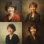 **Yoko Hada, a Japanese woman in her early 60s. Her hair is slightly short and a light brown. She smiles gently, her eyes soft and embracing. She has a slightly plump figure but is short in stature. Portrait. Oil painting style. --v 7.0** - <@1105655477741813870> (fast)