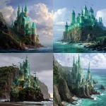 **A breathtaking castle made of sea-glass on the egde of a green cliff over looking the ocean. The castle reflects all colors of light and had banners of sea-green and blu eflyign from it's spires --v 7.0** - <@501088304150741013> (fast)
