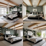 **a front shot of a bright and airy modern farmhouse-style bedroom with dark green floral wallpaper, glass ribbed globe pendant light, white oak beams and ceiling trim, a large black bed centred in the room, a grey accent wall, a black area rug on the floor, a neutral color palette, and a luxurious aesthetic, as seen in a home decor magazine editorial cover image. --ar 4:5 --raw** - <@1230559318680670299> (fast)