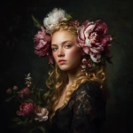 **Fantasy oil painting in the style of the Old Masters, dark Flemish background. A European woman with fair hair and very delicate facial features. Her hair is adorned with two large, luxurious peonies and a few smaller flowers and buds. The flowers are elegant and minimal, not a full bouquet. Refined, graceful, dynamic composition, high detail, exquisite portrait lighting, oil on canvas look. --v 7.0** - Upscaled by <@1080963901929312306> (fast)