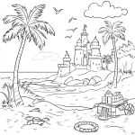 **A simple coloring page for children of A beach scene with sandcastles, palm trees, and toys coloring page for kids in a monochrome style, simple with no details. for a simple black and white coloring page, line art, thick lines, easy to color. no shading lavender --v 6.1** - Upscaled (Subtle) by <@1201148944726638674> (fast)