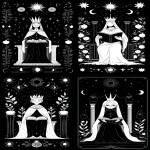 **The High priestess tarot card by Sarah Andersen. The image is black and white and depicts full body portrait of the woman sitting between two pillars holding an open book, she is wearing robe and white crown, The background features pomegranates, suns, moons, stars, all set against a black background. and the overall design is simple yet striking, in the style of Sarah Andersen. --ar 3:5 --v 7.0** - <@409716268476923920> (fast)