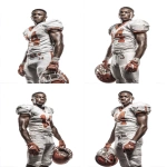 **high-key bright white background sports portrait of a 14-year-old American football player in full pads, shown from head to thigh in a strong upright stance, holding his helmet naturally by his side with one hand, looking powerfully toward the camera with intensity, clean white jersey with burnt orange numbers and details, burnt orange accents on gloves, pants stripes, and helmet, detailed athletic uniform with crisp textures, modern gloves and gear, dramatic clean studio lighting with glowing highlights and sharp contrast similar to professional team media day photos, cinematic sports photography style, ultra-detailed, vibrant and realistic, professional sports portrait composition --ar 2:3 --v 7.0** - Variations (Strong) by <@1007029574430892245> (fast)