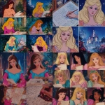 **1970s style hand-drawn and heavily-shaded anime stills. Closer portrait shots, details. Barbie dolls, some of different ethnicities, some Disney princess-influenced, wear gothic opulent neon blue, peach, crimson colored gowns with a few black latex accents. They write glowing letters with pencils, paint iridescent canvases, and cast magic love spells. A gothic romantic kitschy rich floral garden behind a castle with a misty pond. Some flowers are wilting into sparkles. The night sky lights the scene colorfully.** - <@840730232632639528> (fast)