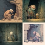 **a wrinkled, very old and grotesquely ugly man with a large child-like head, lives in a cave and guards a treasure, simple, muted colors, reinhardt michl, --v 7.0** - <@572882080099467274> (fast)