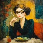 **<https://s.mj.run/t_WklGqxWAo> painting of an elegant woman with glasses sitting at a table, drinking coffee and smoking in a cafe. she is wearing provocative fashion . the atmosphere inside has a cozy feel. in front of her, there is a plate on which she is eating salad. through a window, you can see flowers blooming outside. oil painting in the style of paul cézanne. oil portrait, impressionist style, with brush strokes and palette knife technique. --ar 4:5 --iw 0.6 --s 600 --chaos 12 --sref <https://s.mj.run/l_lv1K4gyMo> <https://s.mj.run/wvjxdvVUtVg> --sw 60 --v 7.0** - Image #3 <@988364629556199494>