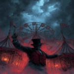 **<https://s.mj.run/prtaYJlQqPI> match this picture and add a carnival ring master wearing a red vest and black suit with no face under his black top hat is welcoming you with his right arm to the creepy weird Lovecraftian carnival filling the background, as a front page art piece painting, --ar 8:11 --v 7.0** - Image #2 <@1035886146422583346>