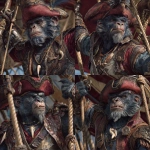 **lion tamarind monkey, dark blue and gold fur, rough and roguish, airship pirate wearing weathered leather vest and crimson captains hat, necklace with large dragon tooth pendant, swinging from ships rigging with a sword, photorealistic, character profile** - Variations (Strong) by <@271696906097393695> (fast)