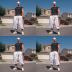 **A young handsome 30 year old very muscular buff white man with a white durag on his head dressed in a Y2K Cholo gangster style, wearing a black Pro Club t shirt and extremely baggy, extra-long, 3XL plain white and red Jordan basketball Y2K shorts. He is wearing Nike Air Force 1s standing in his driveway. --v 7.0** - Variations (Region) by <@1061360796438900746> (fast)