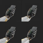 **iphone17, straight on, held by robot hand made of coding lines --v 7.0** - Zoom Out by <@1048326817838280714> (fast, stealth)
