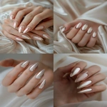 **champagne chrome french tips on light pink base, delicate and editorial manicure, soft luxury tones, almond shape, close-up on hands in soft lighting, styled with silk or tulle, elegant minimalism for winter --v 6.0 --ar 2:3 --raw** - <@1321895242076520463> (fast)
