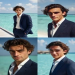 **A 45-degree angled view of an exceptionally handsome young CEO in his early 20s, standing at a luxurious outdoor café in the Maldives. His flawless, sun-kissed skin, sharp jawline, and high cheekbones create a perfectly balanced, photogenic face. His deep brown eyes are large, expressive, and slightly dreamy, paired with a subtle, confident smile that radiates charisma. His straight nose, well-defined lips, and elegant masculine features exude sophistication. His dark brown hair is naturally wavy and perfectly styled. He is wearing a perfectly tailored slim-fit navy suit with a crisp white shirt, open collar, and polished brown leather shoes, looking effortlessly stylish. The turquoise ocean and clear, sunny sky provide a serene, expansive background, with soft sunlight accentuating his handsome, youthful, and captivating aura. --ar 2:3 --q 2 --raw --v 7.0** - <@1359023626493366362> (fast)