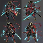 **Original anime character, fully colored in vivid anime palette, hand-drawn anime style, thick bold outlines, clean cel-shading, visible sketch lines for clarity, crosshatching on fabric folds and anatomy beneath clothing. Character design: a masked samurai-brawler hybrid wearing a black gi trimmed in red and gold, layered armor plates across shoulders and forearms, glowing blue eyes visible through the mask, muscular frame beneath the fabric. Flowing battle sash caught in motion, katana strapped across the back, fists clenched with energy radiating subtly. Clear line art showing every feature without clutter, balanced composition emphasizing face and body. Perspective: low-angle upward shot emphasizing size and power. Ultra-detailed full-color anime artwork, uncluttered background, composition focused entirely on the character’s clothing, form, and presence. --niji 6 --raw** - Variations (Strong) by <@266429059049848832> (fast)
-# Create, explore, and organize on [midjourney.com](<https://midjourney.com/imagine?from_discord=1>)