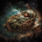 **make a detailed full body renaissance painting of the full body a middle eastern baby baby jesus sleeping in mid-distance in outerspace, with a ring nebula as his cradle. it's important to see the texture in the painting. the baby has brown skin, green eyes and has a keffiyeh around his neck. we can see the full body of the baby. shot with 24mm wide-angle lens** - Image #4 <@1004567301909118977>