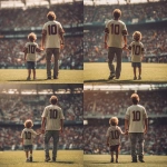 **father and son at the football stadium, holding hands, the father is wearing tennis pants, both wearing striped team shirts with the number ten on the back, full body, fans behind, showing the lawn, sunny day, natural light** - Variations (Strong) by <@450124934837043201> (fast)