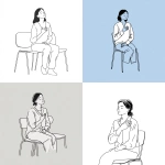 **Background color is white 1:1 aspect ratio. A female sitting slightly hunched on simple chairs, one hand on chest, eyes half-closed, gentle tired facial expression, showing low energy and fatigue. Western minimalist medical line illustration, flat vector style, clean black outlines, no gradients, no textures, no additional colors, suitable for medical education** - <@978006358924353536> (fast)