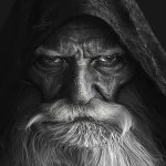 **realistic portrait of an old wise man with long white beard and deep eyes, wearing a dark hooded cloak, cinematic lighting, ultra-detailed wrinkles and skin texture, sharp focus on the face, soft shadows, mystical atmosphere, monochrome black and white, 8k, ultra realistic photography style --ar 3:4 --v 6.0 --no hand, staff, medallion, background symbols --raw** - Image #1 <@1146806236982034432>