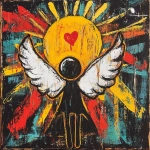 **Music graphic design block print with crayon / brushstrokes. Depicting an image of angel love, sun shining down. The overall style is very abstract and minimalist tribal with a lot of energy --v 6.1** - Image #4 <@886913816171008040>