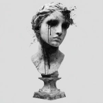 **Design a greyscale, hyper realistic, female, Greek stone bust, with stand, hyper realistic stone texture, head slightly angled, liquid dripping from the inner corners of eyes, ink splatter background, overall the design is vertically elongated and taller than it is wide ) --v 7.0** - Image #4 <@1116424656908464158>