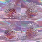 **a highly detailed crystal pineapple art piece, shaped like a ripe pineapple made entirely of translucent gemstone, iridescent rainbow reflections, sparkling diamond-like textures, placed on a clear glass plate, surrounded by crystal droplets, soft pastel lighting, dreamy glossy aesthetic, hyper realistic photography, fantasy luxury concept --ar 9:16** - Variations (Strong) by <@1240240057374478349> (fast)