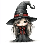 **Gothic adorable female gnome. Wearing all black ,sliver and red. Her witches hat is pulled down over her eyes. Her little button nose just peeking out from under the hat. Fine line drawing, airbrush design, watercolor, realistic cartoon rendering illustration isolated on white background --v 6.1 --s 250** - Image #1 <@807465804512886785>